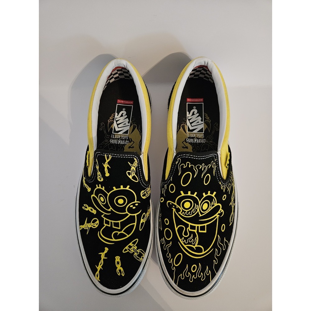 VANS X Gigliotti SPONGEBOB SLIP ON SKATE SHOES SZ11.5 Black & Yellow Chain Flame